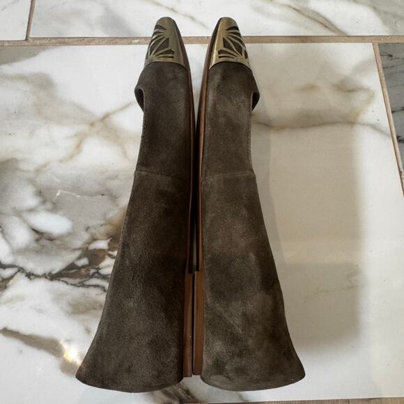 Brian Atwood Pointed Toe Flats Size 7 B-Shini Olive Green Suede Metal Art Tip - Picture 7 of 10